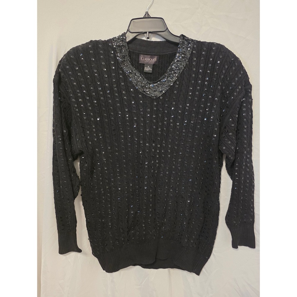 Classiques Sport Womens Black Cotton Sequin V-Neck Cable Knit Sweater Vintage M